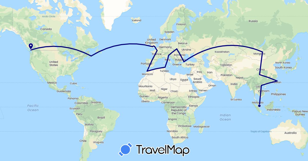 TravelMap itinerary: driving in Canada, China, France, United Kingdom, Italy, Morocco, Mongolia, Poland, Singapore, Tunisia, Turkey, Taiwan, Vietnam (Africa, Asia, Europe, North America)